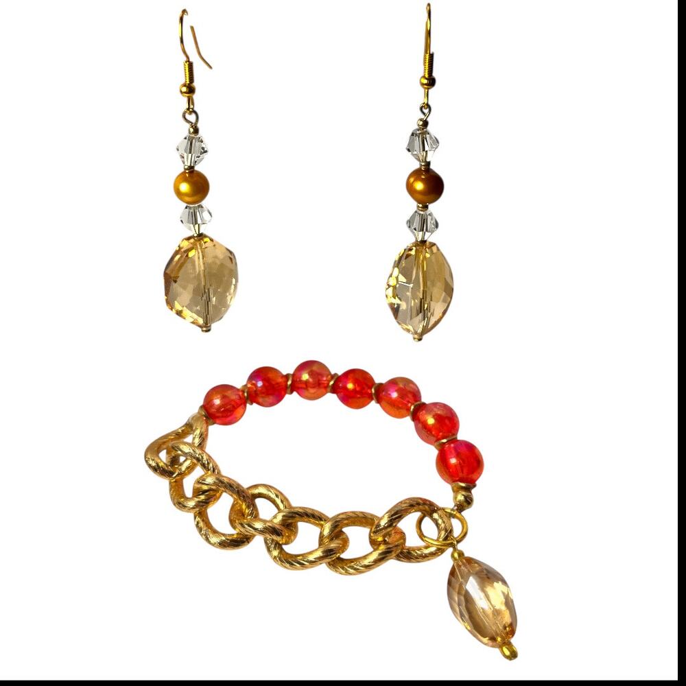 Handmade Glass & Chain Jewelry Set Bracelet Womens Earrings Amber Jewelry